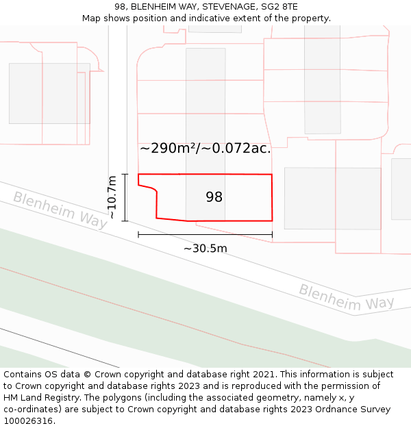 98, BLENHEIM WAY, STEVENAGE, SG2 8TE: Plot and title map