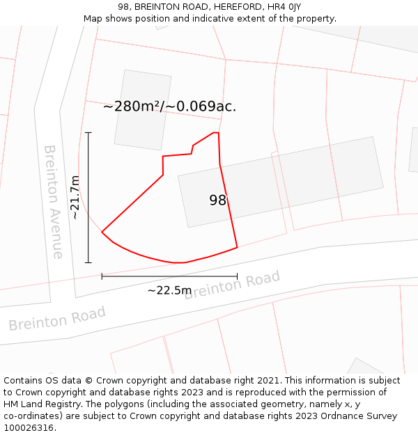 98, BREINTON ROAD, HEREFORD, HR4 0JY: Plot and title map