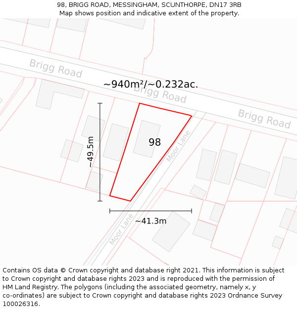 98, BRIGG ROAD, MESSINGHAM, SCUNTHORPE, DN17 3RB: Plot and title map