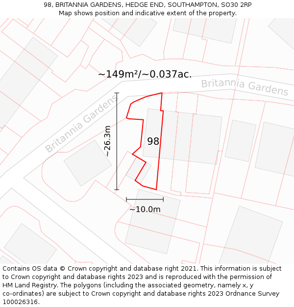 98, BRITANNIA GARDENS, HEDGE END, SOUTHAMPTON, SO30 2RP: Plot and title map
