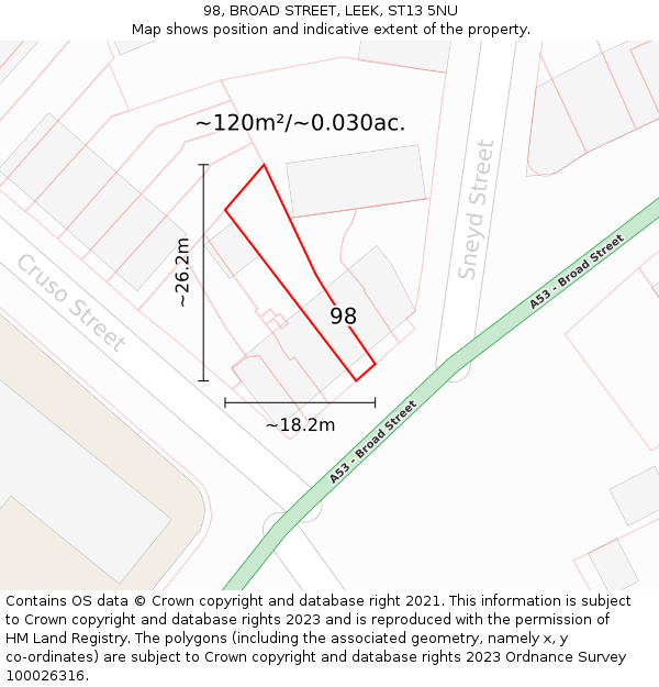 98, BROAD STREET, LEEK, ST13 5NU: Plot and title map