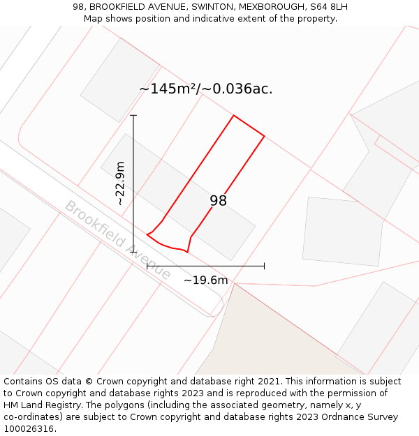 98, BROOKFIELD AVENUE, SWINTON, MEXBOROUGH, S64 8LH: Plot and title map