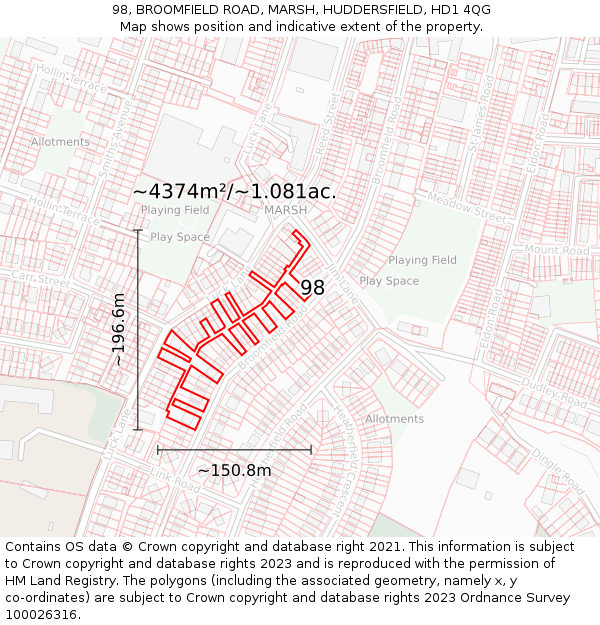 98, BROOMFIELD ROAD, MARSH, HUDDERSFIELD, HD1 4QG: Plot and title map