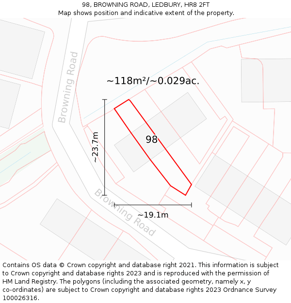 98, BROWNING ROAD, LEDBURY, HR8 2FT: Plot and title map