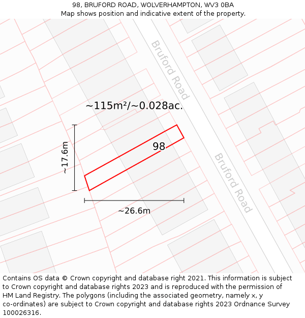 98, BRUFORD ROAD, WOLVERHAMPTON, WV3 0BA: Plot and title map