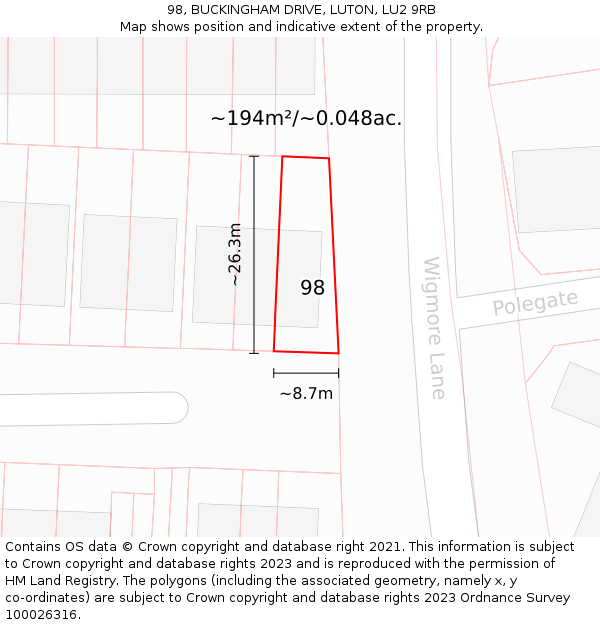 98, BUCKINGHAM DRIVE, LUTON, LU2 9RB: Plot and title map