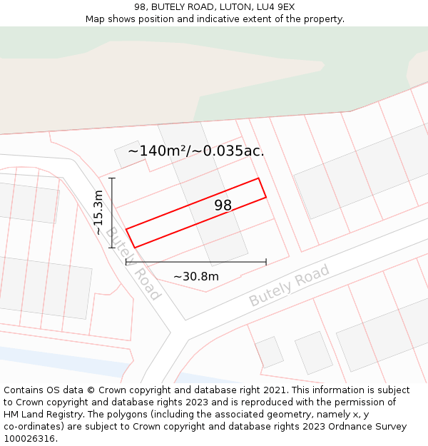 98, BUTELY ROAD, LUTON, LU4 9EX: Plot and title map