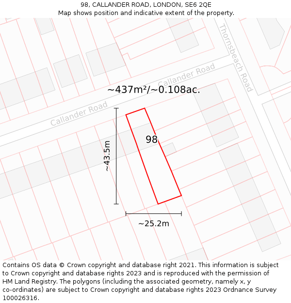 98, CALLANDER ROAD, LONDON, SE6 2QE: Plot and title map