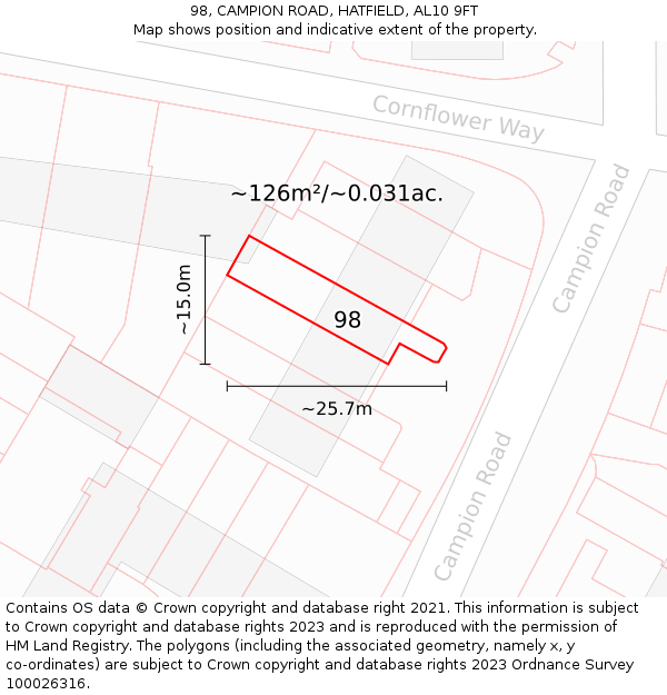 98, CAMPION ROAD, HATFIELD, AL10 9FT: Plot and title map