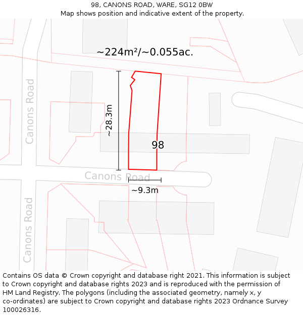 98, CANONS ROAD, WARE, SG12 0BW: Plot and title map