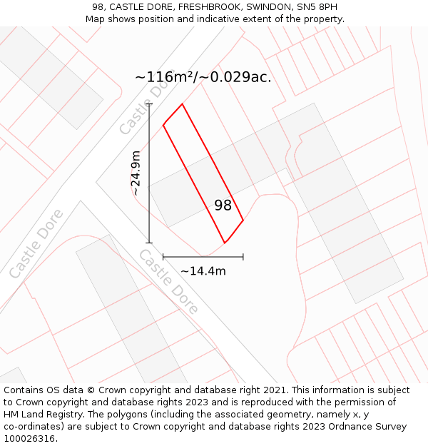 98, CASTLE DORE, FRESHBROOK, SWINDON, SN5 8PH: Plot and title map