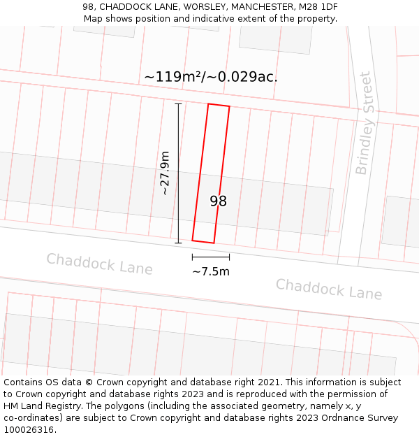 98, CHADDOCK LANE, WORSLEY, MANCHESTER, M28 1DF: Plot and title map