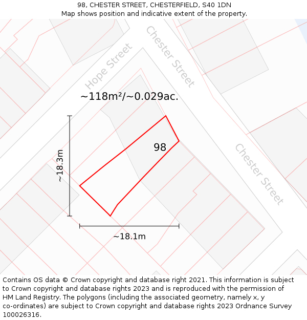 98, CHESTER STREET, CHESTERFIELD, S40 1DN: Plot and title map