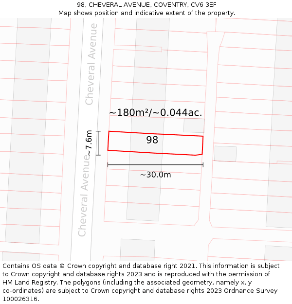 98, CHEVERAL AVENUE, COVENTRY, CV6 3EF: Plot and title map