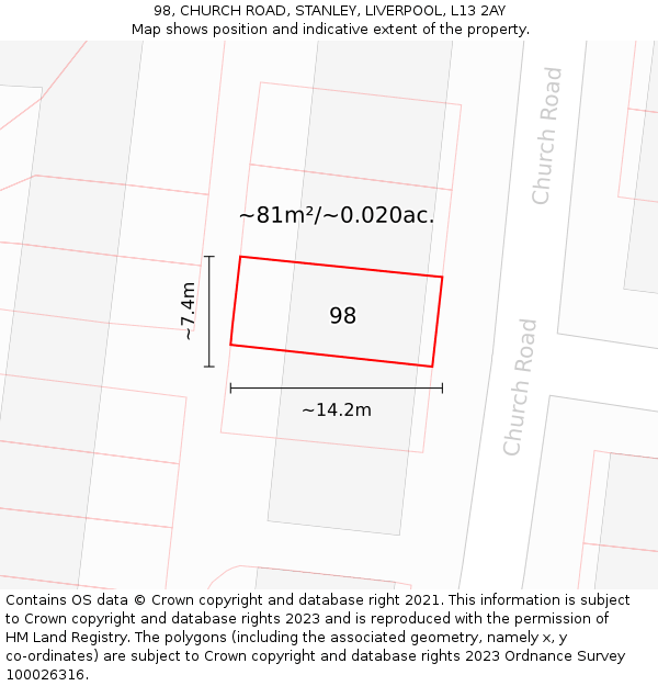 98, CHURCH ROAD, STANLEY, LIVERPOOL, L13 2AY: Plot and title map