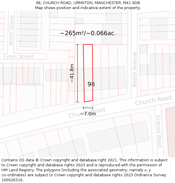 98, CHURCH ROAD, URMSTON, MANCHESTER, M41 9DB: Plot and title map