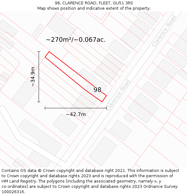 98, CLARENCE ROAD, FLEET, GU51 3RS: Plot and title map