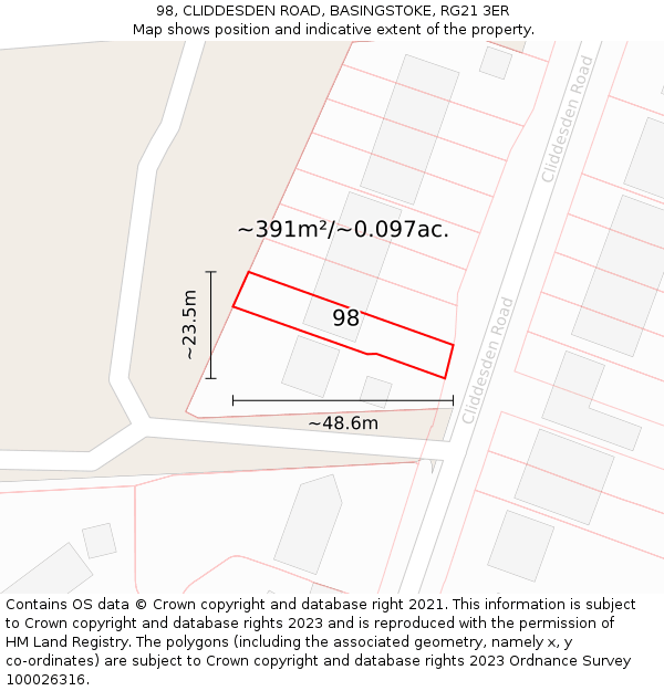 98, CLIDDESDEN ROAD, BASINGSTOKE, RG21 3ER: Plot and title map