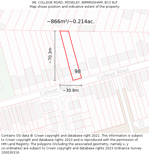 98, COLLEGE ROAD, MOSELEY, BIRMINGHAM, B13 9LP: Plot and title map