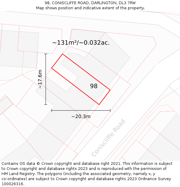 98, CONISCLIFFE ROAD, DARLINGTON, DL3 7RW: Plot and title map