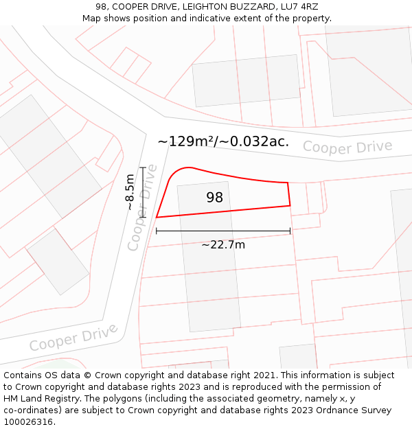 98, COOPER DRIVE, LEIGHTON BUZZARD, LU7 4RZ: Plot and title map