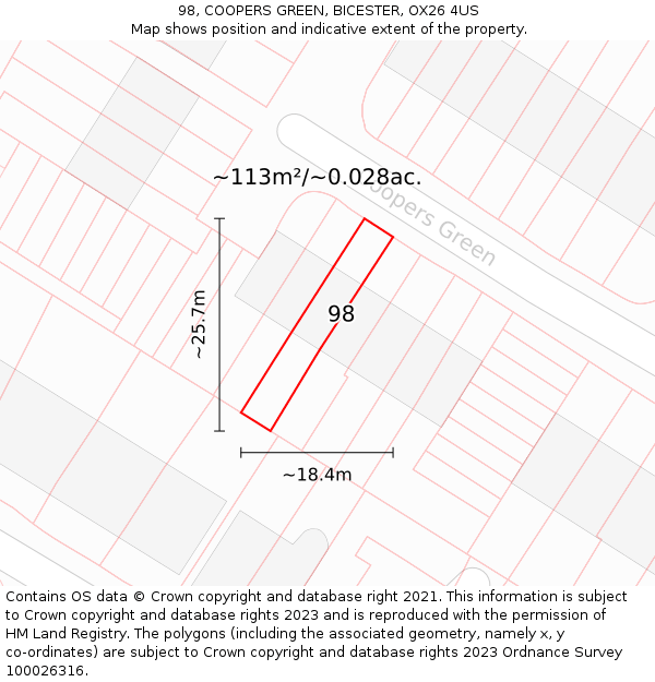 98, COOPERS GREEN, BICESTER, OX26 4US: Plot and title map