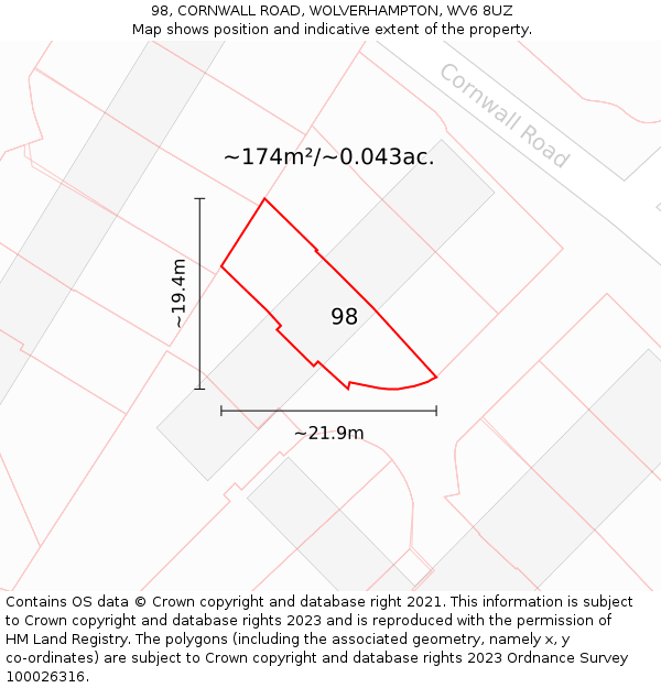 98, CORNWALL ROAD, WOLVERHAMPTON, WV6 8UZ: Plot and title map