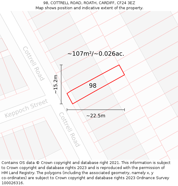 98, COTTRELL ROAD, ROATH, CARDIFF, CF24 3EZ: Plot and title map
