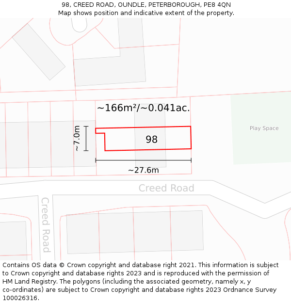 98, CREED ROAD, OUNDLE, PETERBOROUGH, PE8 4QN: Plot and title map