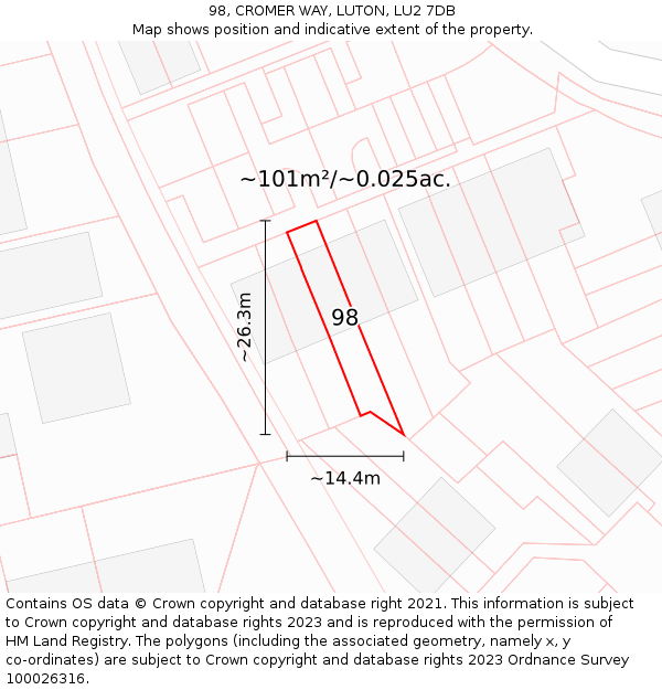 98, CROMER WAY, LUTON, LU2 7DB: Plot and title map