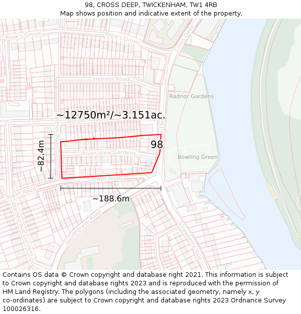 98, CROSS DEEP, TWICKENHAM, TW1 4RB: Plot and title map