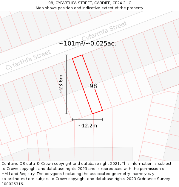 98, CYFARTHFA STREET, CARDIFF, CF24 3HG: Plot and title map