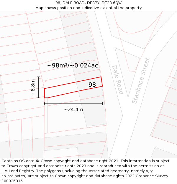 98, DALE ROAD, DERBY, DE23 6QW: Plot and title map