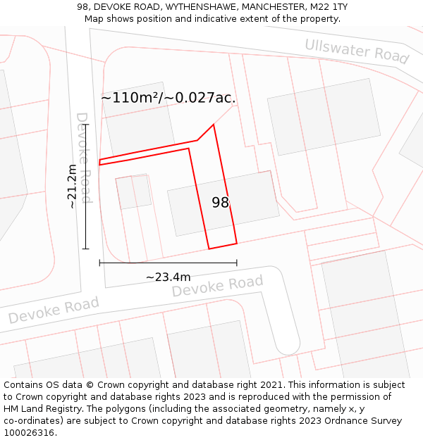 98, DEVOKE ROAD, WYTHENSHAWE, MANCHESTER, M22 1TY: Plot and title map