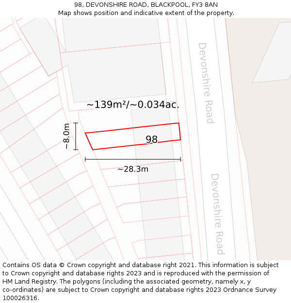 98, DEVONSHIRE ROAD, BLACKPOOL, FY3 8AN: Plot and title map
