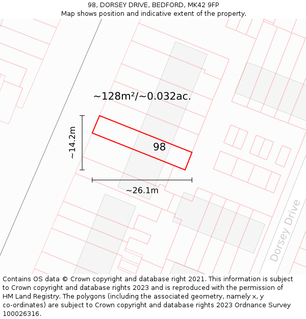 98, DORSEY DRIVE, BEDFORD, MK42 9FP: Plot and title map