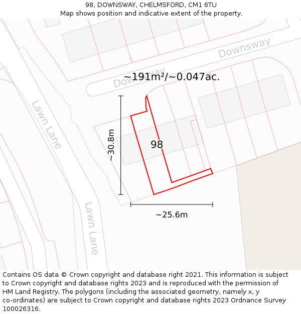 98, DOWNSWAY, CHELMSFORD, CM1 6TU: Plot and title map