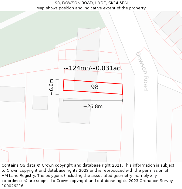 98, DOWSON ROAD, HYDE, SK14 5BN: Plot and title map