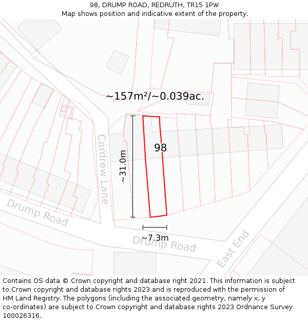 98, DRUMP ROAD, REDRUTH, TR15 1PW: Plot and title map