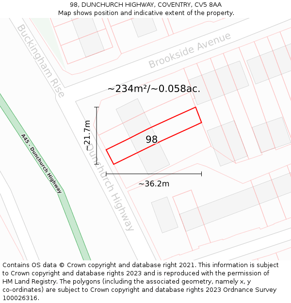 98, DUNCHURCH HIGHWAY, COVENTRY, CV5 8AA: Plot and title map
