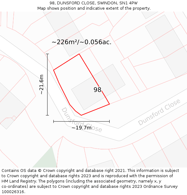 98, DUNSFORD CLOSE, SWINDON, SN1 4PW: Plot and title map