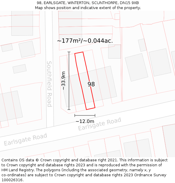 98, EARLSGATE, WINTERTON, SCUNTHORPE, DN15 9XB: Plot and title map