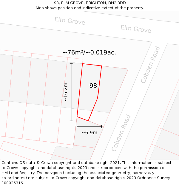 98, ELM GROVE, BRIGHTON, BN2 3DD: Plot and title map