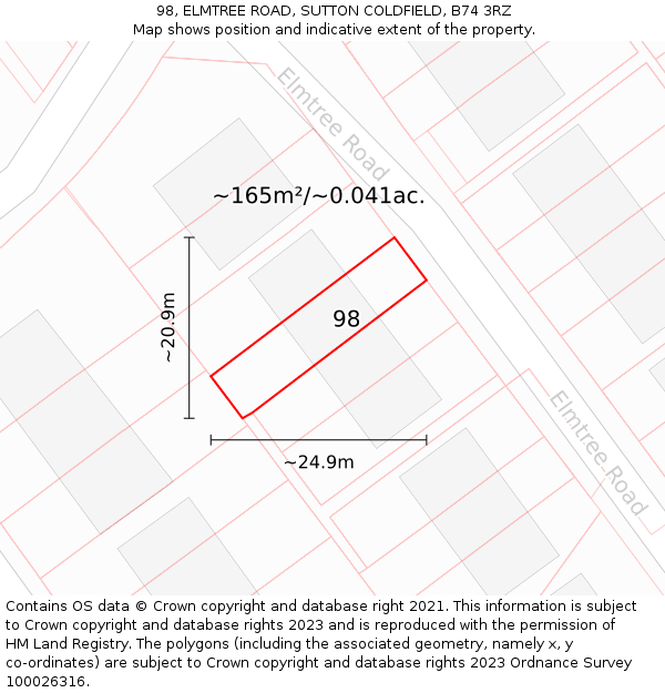 98, ELMTREE ROAD, SUTTON COLDFIELD, B74 3RZ: Plot and title map
