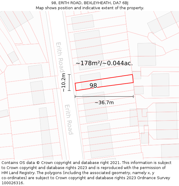 98, ERITH ROAD, BEXLEYHEATH, DA7 6BJ: Plot and title map