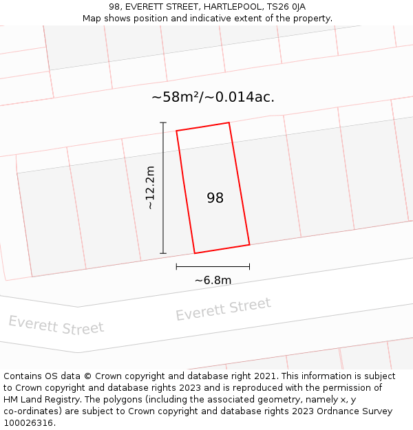 98, EVERETT STREET, HARTLEPOOL, TS26 0JA: Plot and title map
