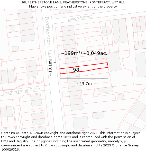 98, FEATHERSTONE LANE, FEATHERSTONE, PONTEFRACT, WF7 6LR: Plot and title map
