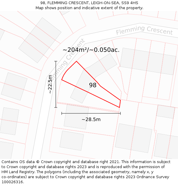 98, FLEMMING CRESCENT, LEIGH-ON-SEA, SS9 4HS: Plot and title map