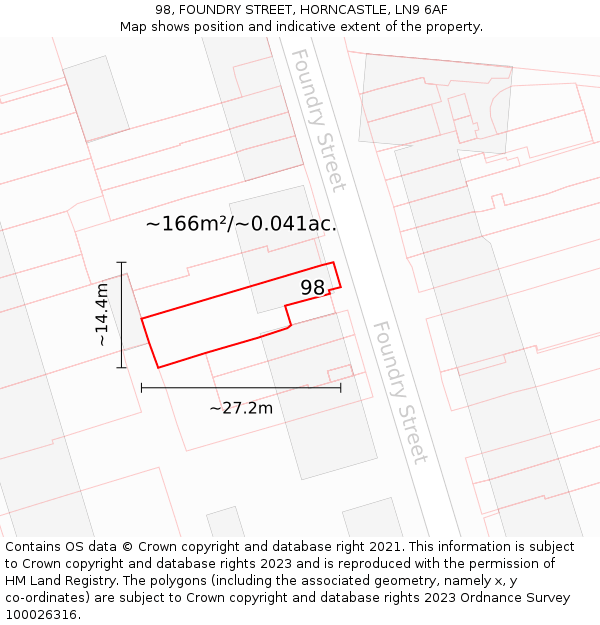 98, FOUNDRY STREET, HORNCASTLE, LN9 6AF: Plot and title map