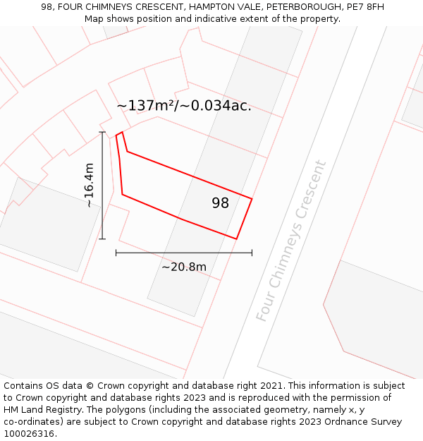 98, FOUR CHIMNEYS CRESCENT, HAMPTON VALE, PETERBOROUGH, PE7 8FH: Plot and title map